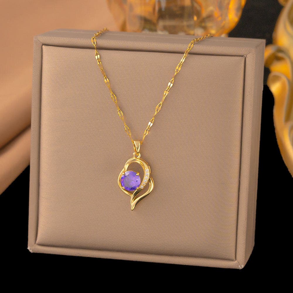 Anti Tarnish Purple Diamond Love Necklace Gold