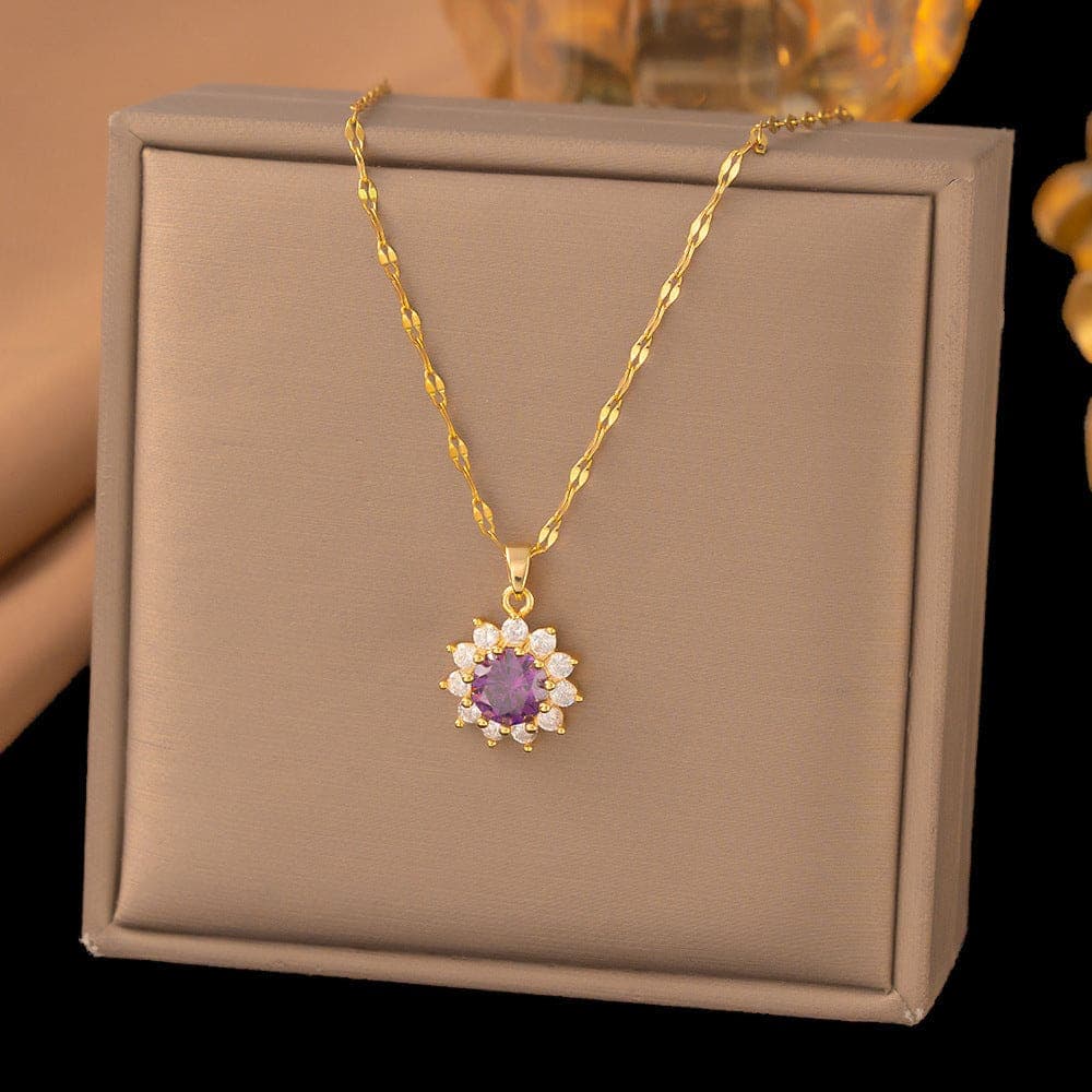 Anti Tarnish Purple Diamond Flower Necklace Gold