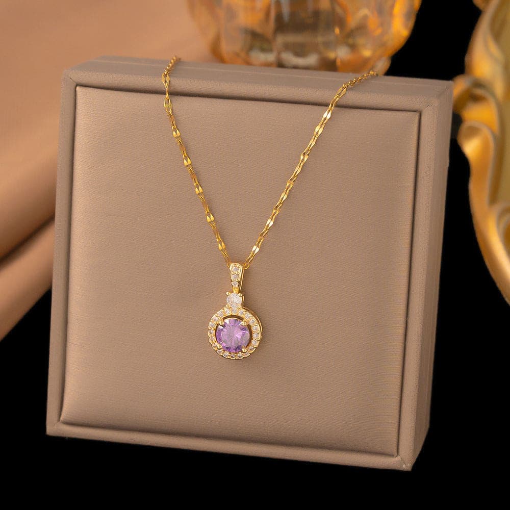Anti Tarnish Purple Diamond Round Necklace Gold