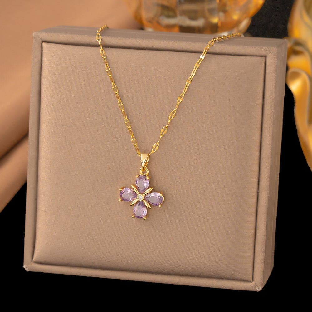 Anti Tarnish Purple Diamond Four-Leaf Clover Necklace Gold