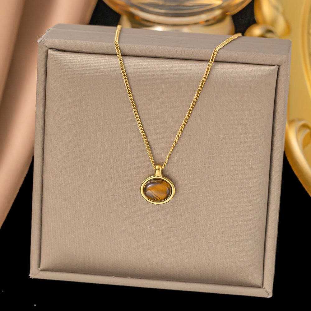 Anti Tarnish Oval Tiger Eye Necklace Gold