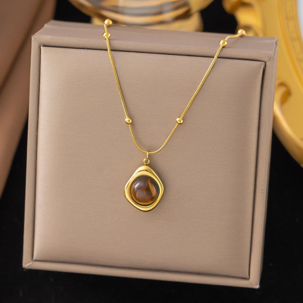 Anti Tarnish Geometric Tiger Eye Stone Necklace Gold