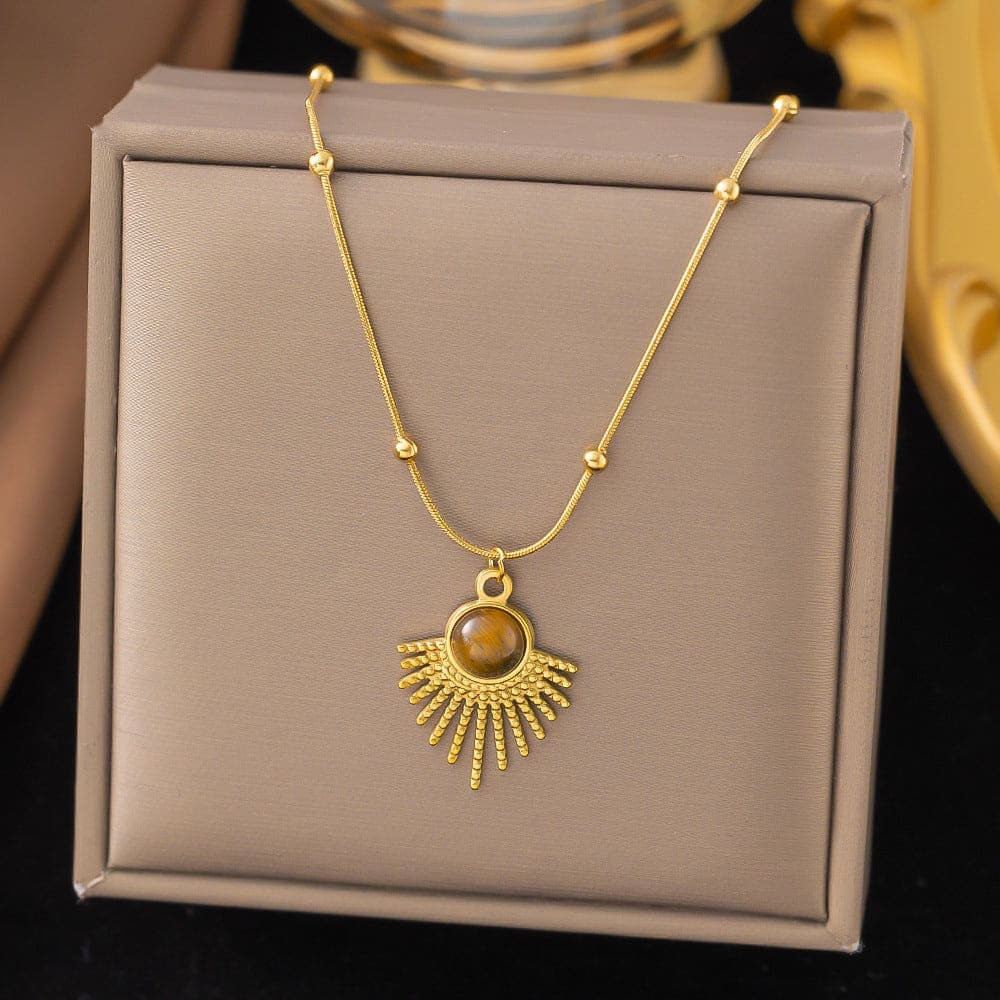 Anti Tarnish Fan-Shaped Tiger Eye Stone Necklace Gold