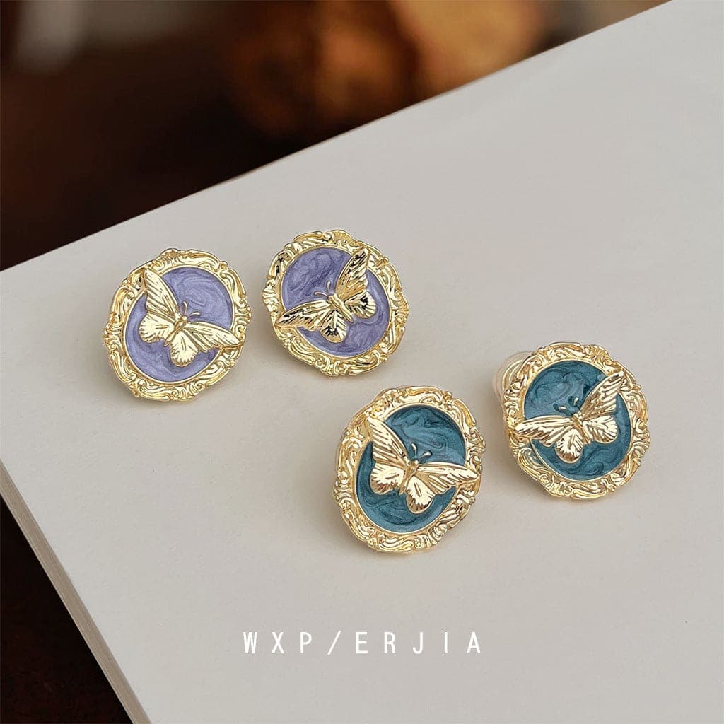 French Retro Oil Painting Texture Butterfly Geometric Earrings Mix Color